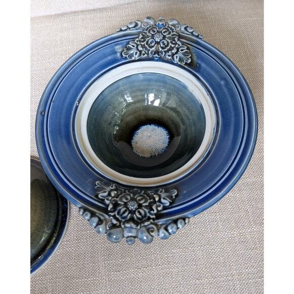 Studio Art Pottery Lidded Dish Bowl Stoneware Blue Glaze Floral Handles Signed - Picture 4 of 9